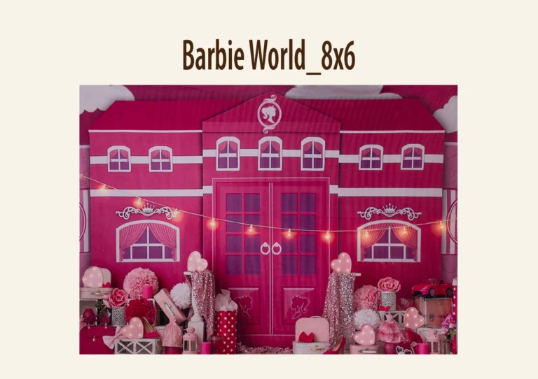 Pink-themed backdrop of a structure with decorative pink and white items and heart-shaped lights.
