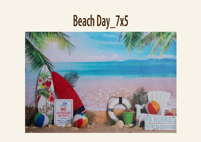 Tropical beach scene with surfboards, beach balls, a chair, and palm fronds.