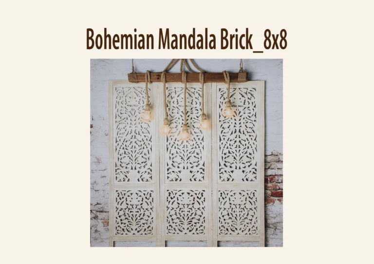 Ornate carved wooden panels and exposed bulbs on ropes with a rustic brick wall background.