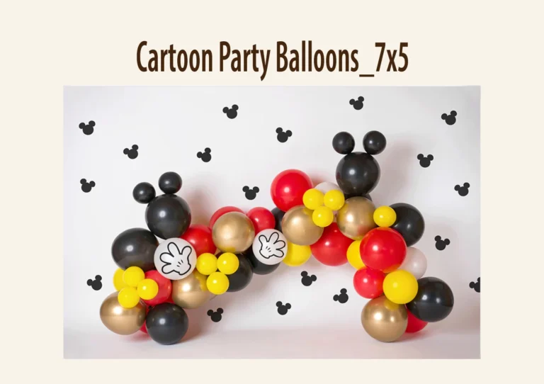 Balloon arch with red, black, gold, and yellow balloons, featuring mouse ear silhouettes and cartoon gloves against a white backdrop.