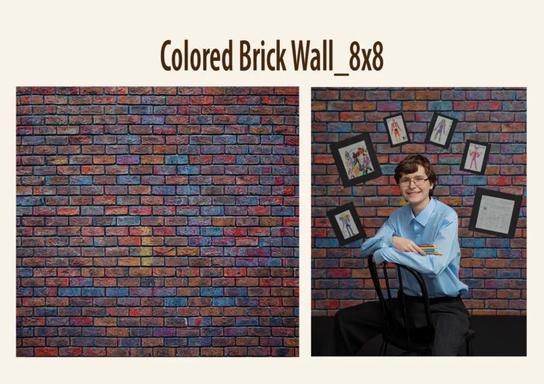 A colorful brick wall with blue, red, yellow, and orange hues.