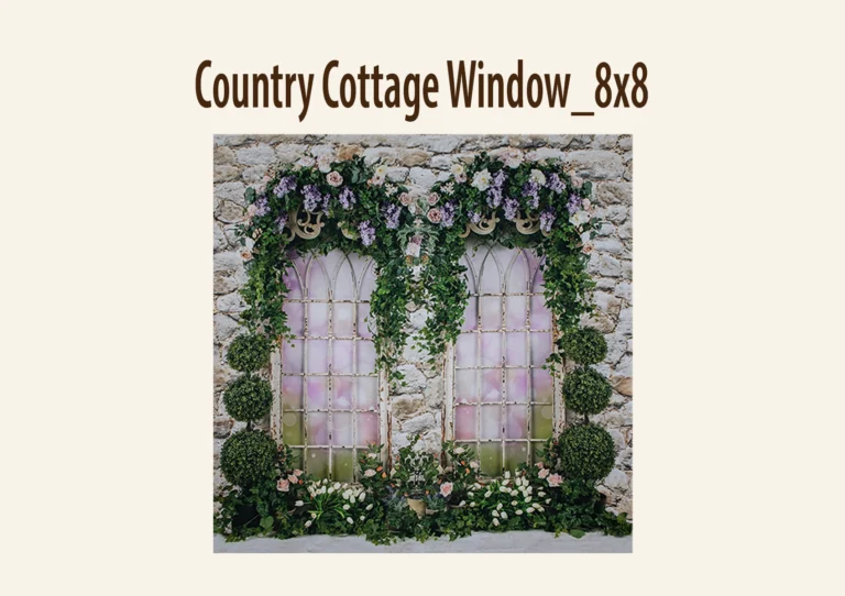 Rustic stone wall backdrop with two arched windows, floral garlands, and ivy.