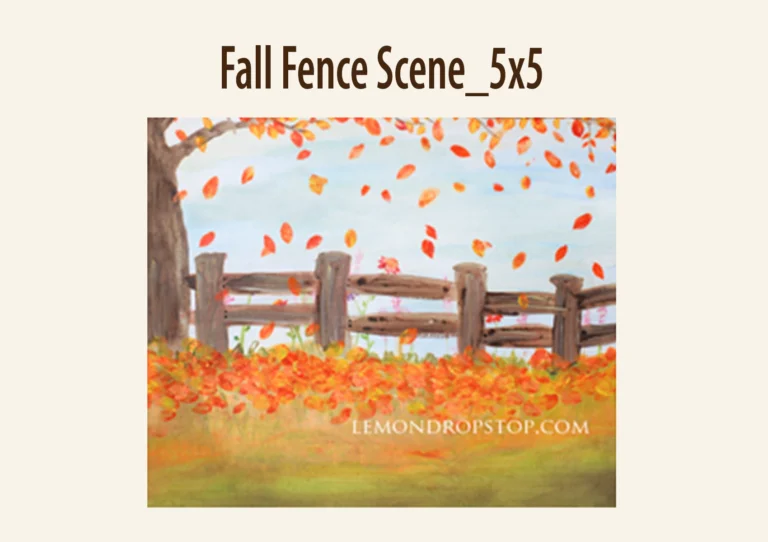 Autumn scene with a wooden fence and tree, surrounded by falling orange leaves and colorful foliage. The background suggests a clear blue sky.