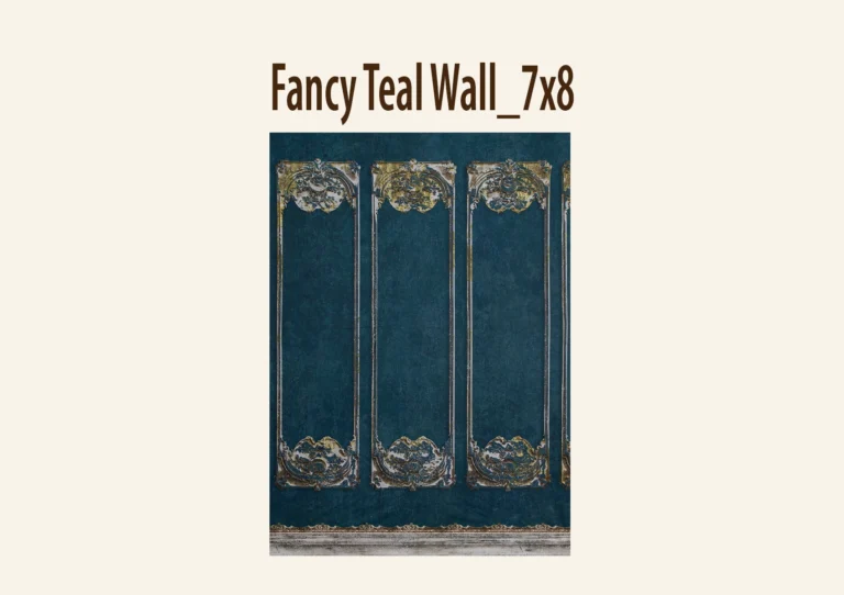 Vintage-style teal photography backdrop with gold ornate vertical panels.