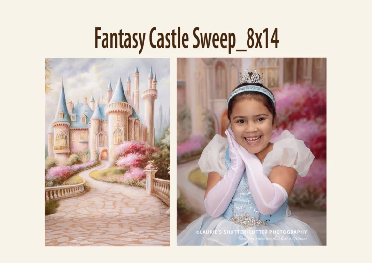 A fairy-tale castle with blue spires and flowering gardens.