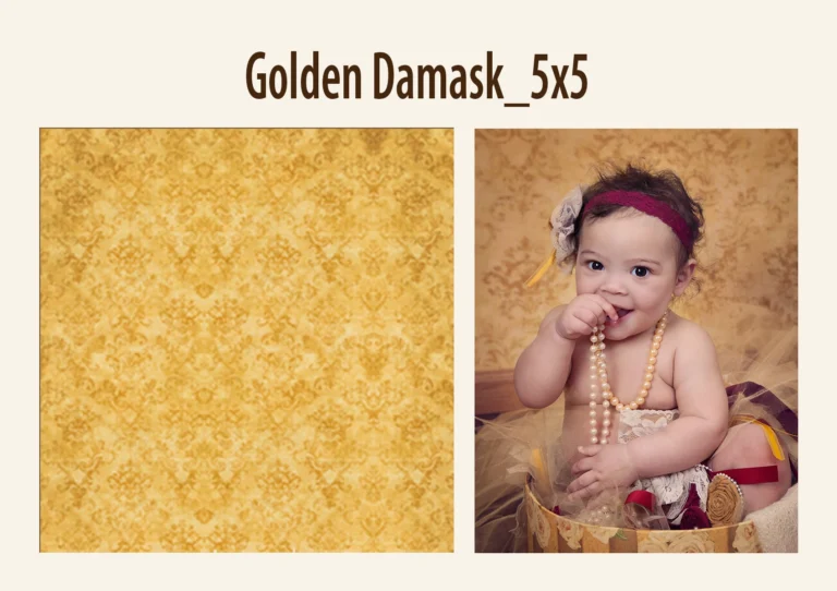 Golden vintage wallpaper with intricate floral patterns creates an elegant and warm atmosphere, featuring symmetrical designs and faded textures.