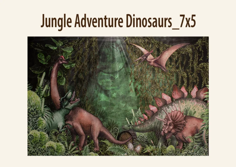 Illustration of dinosaurs in a lush, green jungle with dense foliage. A pterodactyl flies overhead, while other dinosaurs explore the landscape.