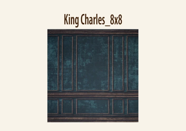 A vintage-style paneled wall backdrop with a deep teal texture and dark wood-like frames.