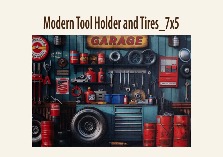 A detailed garage wall backdrop with tools, wrenches, oil cans, car tires, and a "GARAGE" sign.