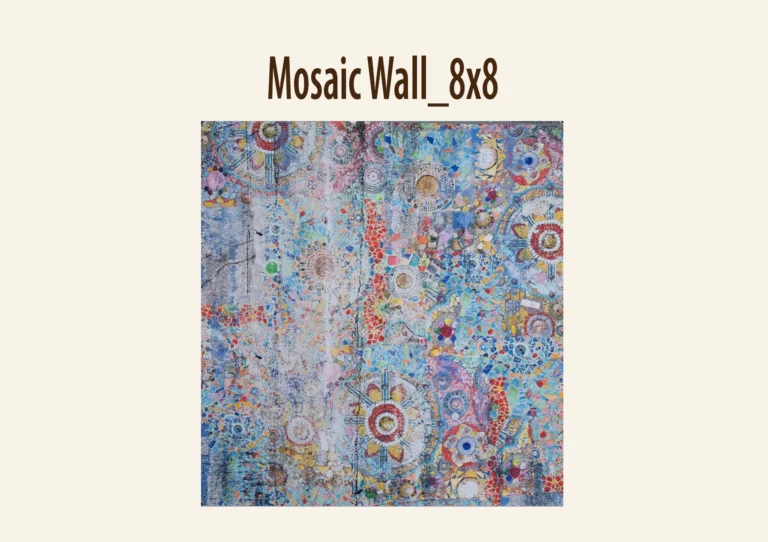 Colorful mosaic backdrop with circular and floral motifs in blues, reds, and yellows.