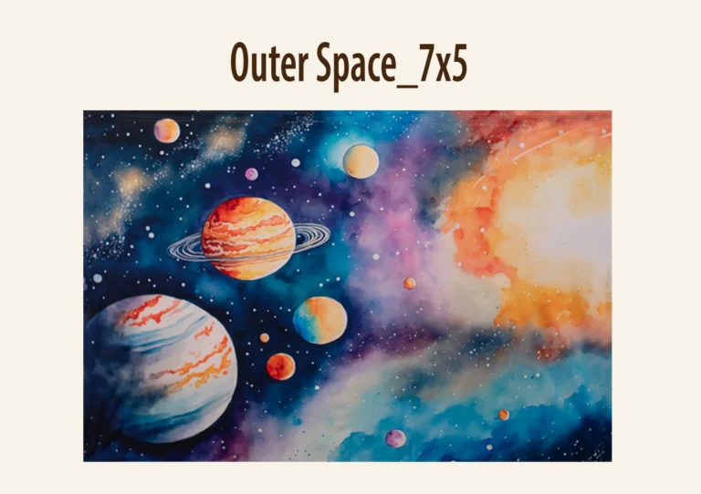 Colorful space-themed backdrop with planets and stars.