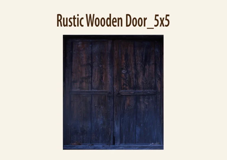 Weathered wooden double door with metal handles and dry leaves at the base, featuring a rustic appearance.