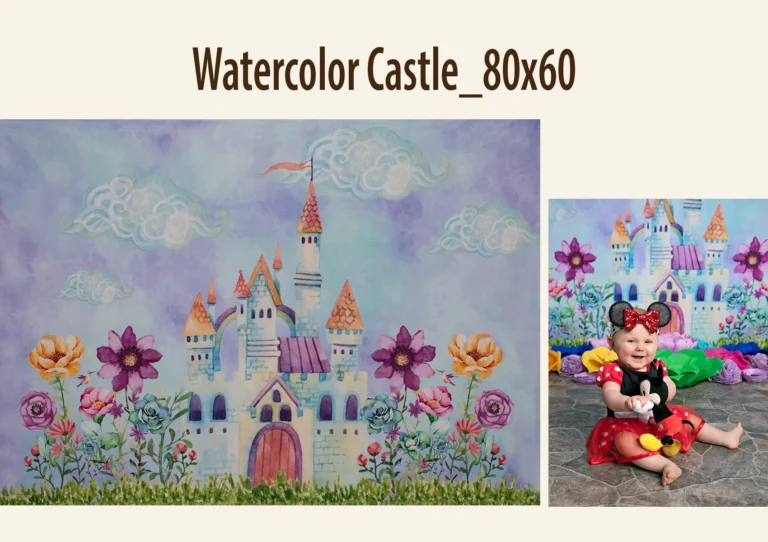A watercolor fairytale castle with orange-roofed towers, surrounded by colorful flowers and a lavender sky with swirling white clouds.
