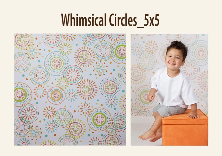 Colorful circular patterned backdrop with concentric circles and dots on a white background.