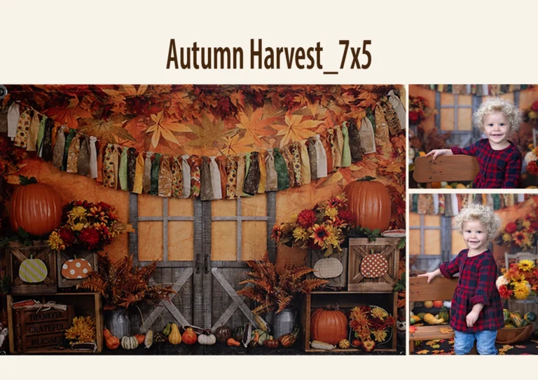 Autumn-themed photography backdrop with a barn door, flanked by pumpkins, crates, and fall flowers.