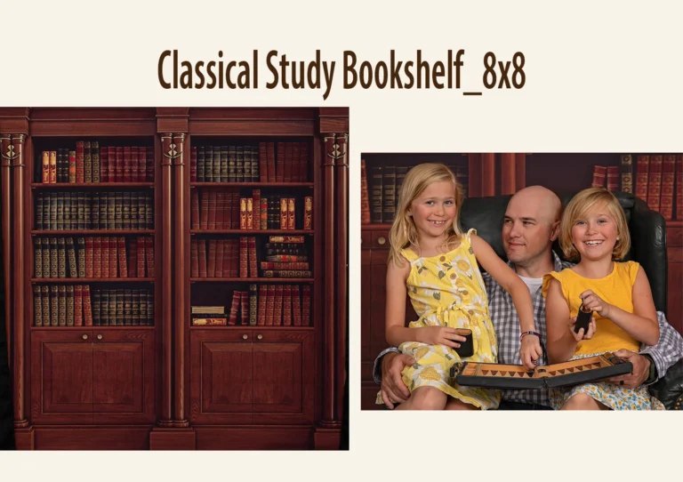 Vintage wooden bookshelf with two sections filled with ornate books.