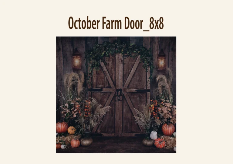 Rustic wooden door with autumn decorations and vintage lanterns.