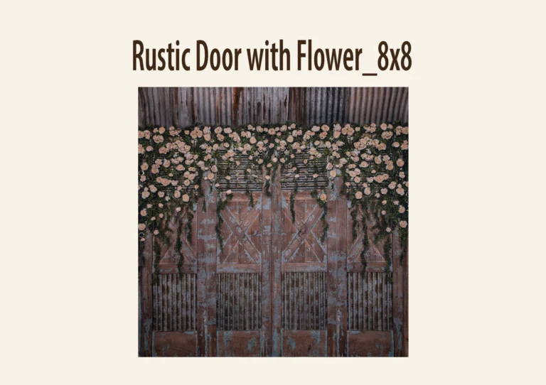 Rustic barn doors with peeling blue paint and roses.