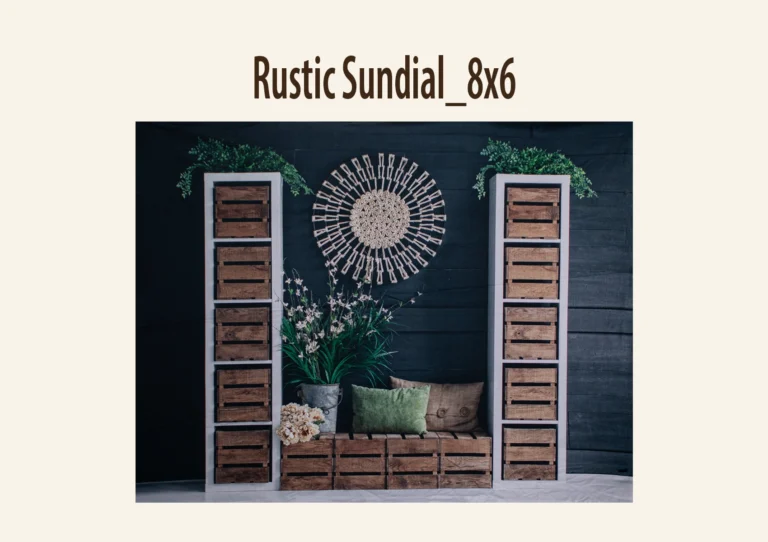 Photography backdrop with wooden crates, a macramé wall hanging, and green plants.